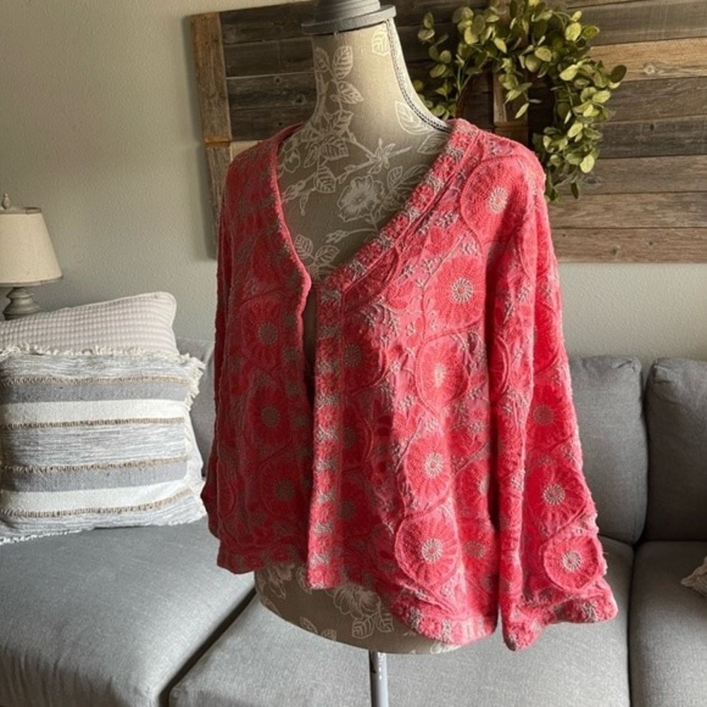 Sigrid Olsen Coral Pink Embroidered Open Cardigan Jacket
